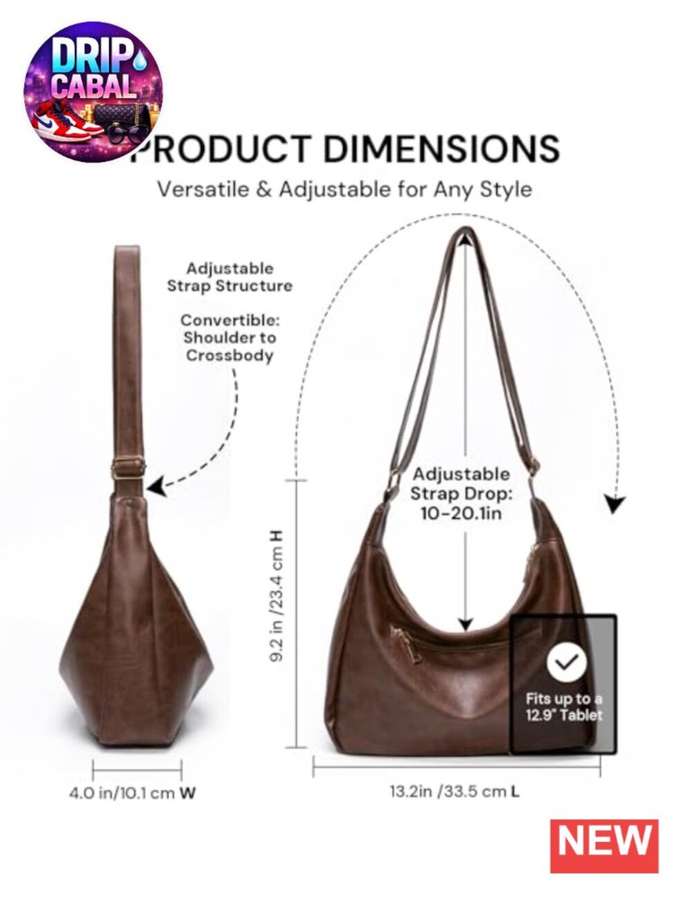 Women's Soft Vegan Leather Slouchy Hobo Shoulder Bag Crossbody - Picture 3 of 6